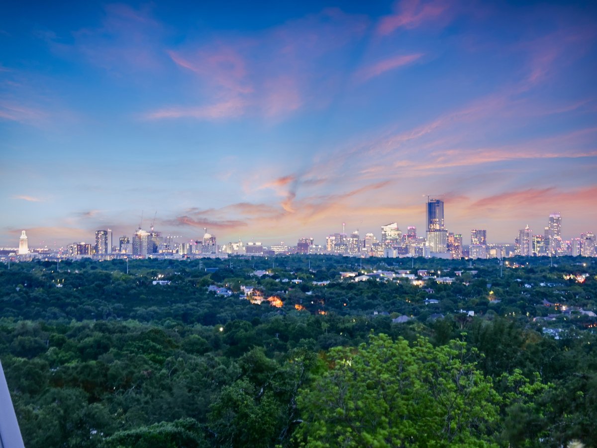 Downtown skyline at twilight across a wide green canopy