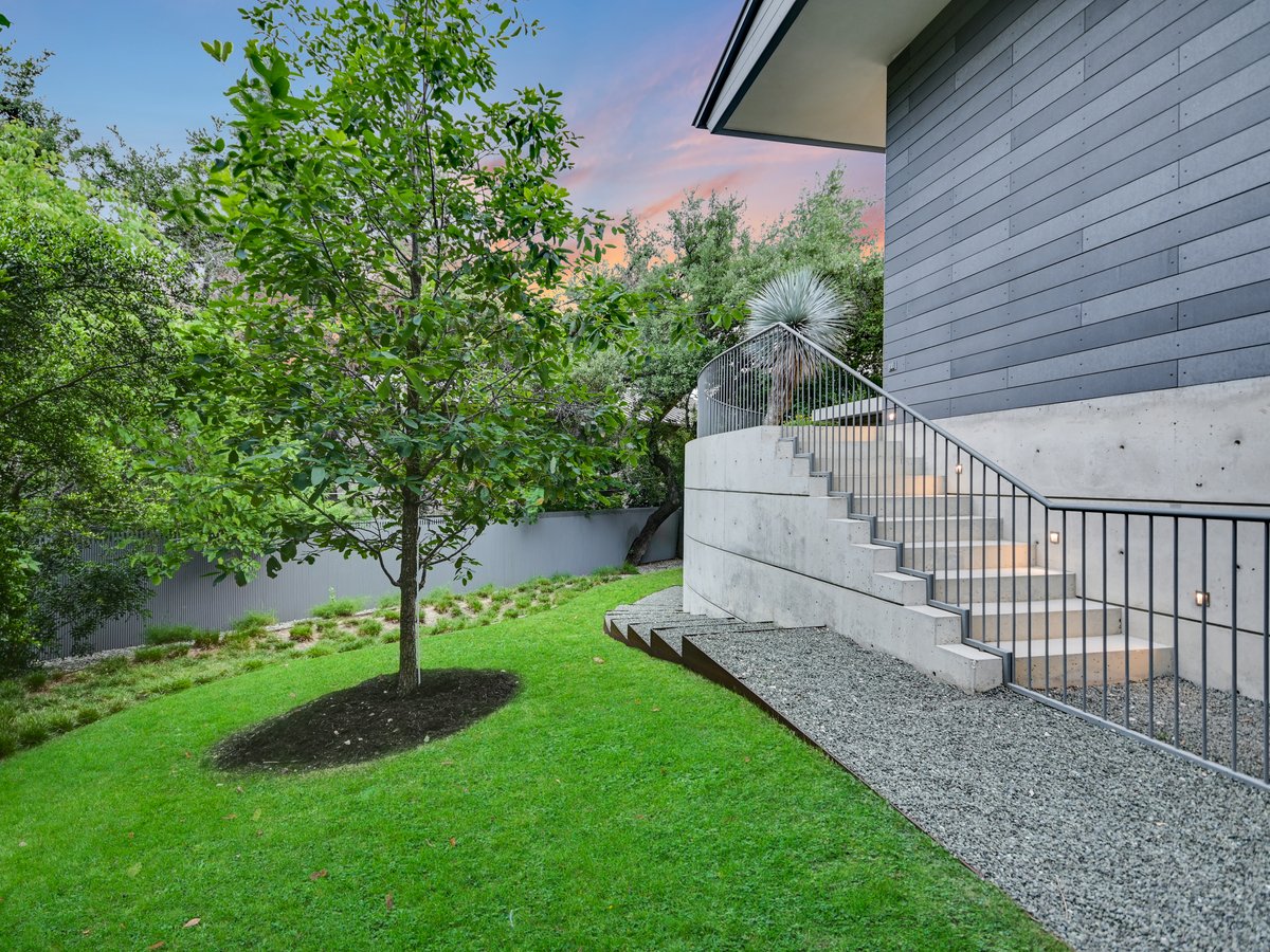 A side lawn with a young tree beside a concrete garden stair
