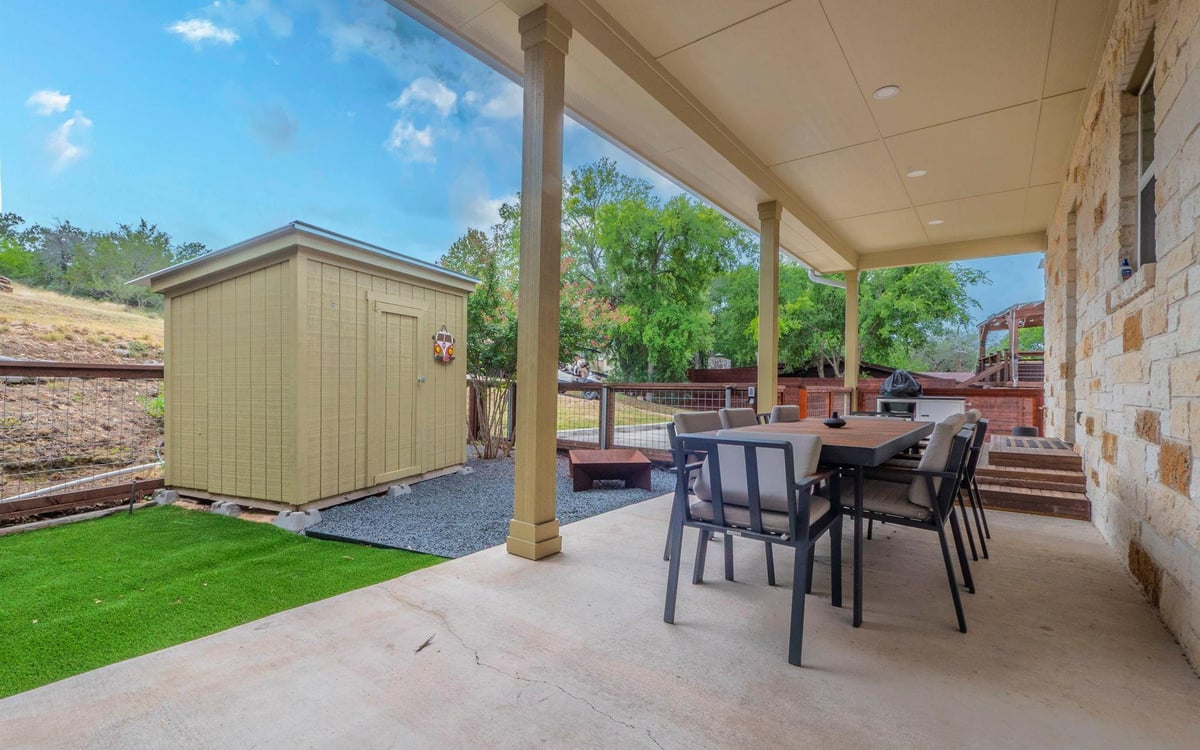Patio with covered patio with ceiling fans at 123  Vicinity Trl - 3 bed 2 bath home