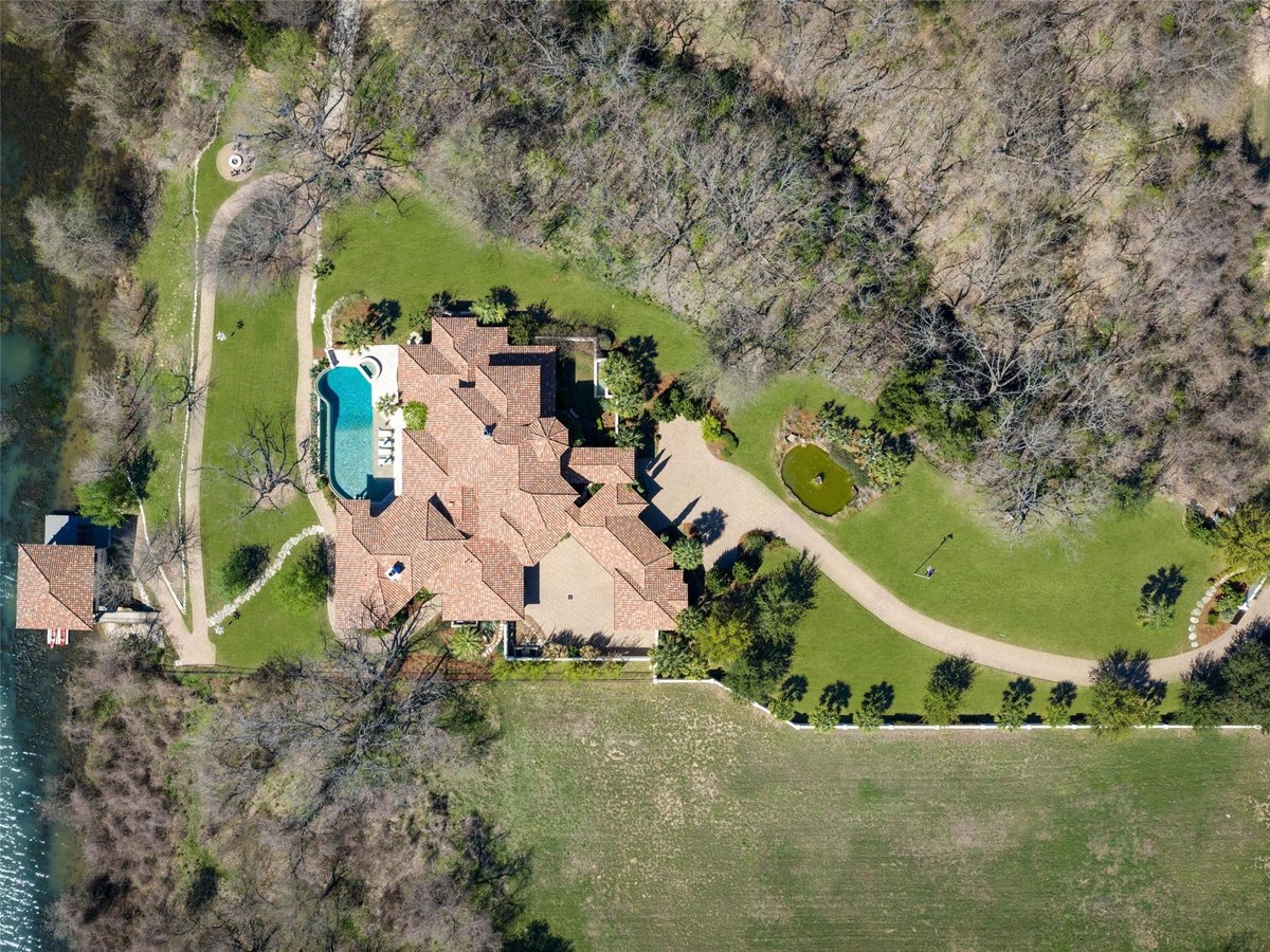 Aerial view with top-down estate aerial and pool and lawn at 14500 Flat Top Ranch Rd - 6 bed 6 bath home