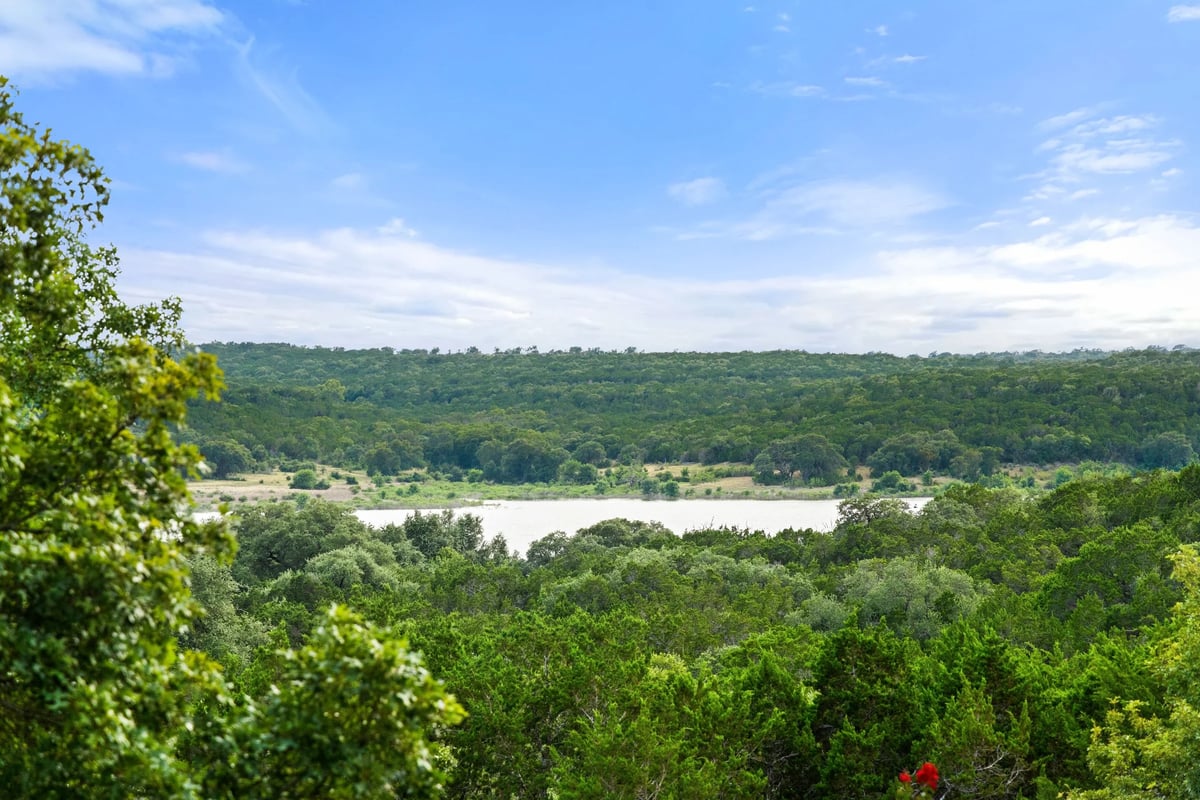 Lake Georgetown framed by mature oak branches from the hillside