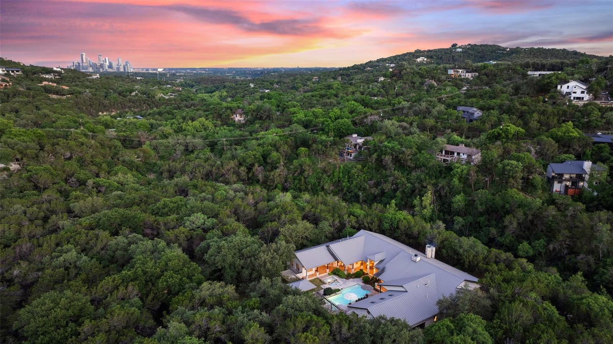 View 1601 Wild Basin Ledge in BONHAM A L D 1601 Wild Basin Ledge - aerial view with Austin skyline view - Luxury home in BONHAM A L D, Austin, TX