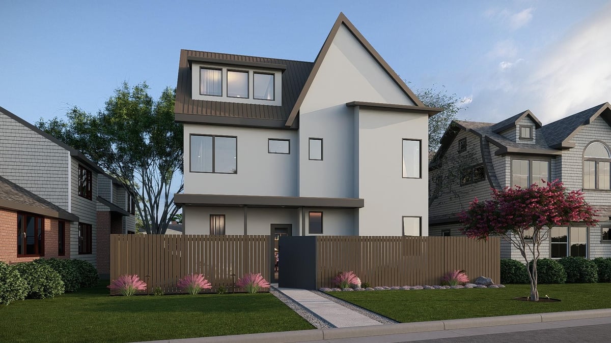 View 2014 E 10th St in Grandview Place 2014 E 10th St - front exterior with modern three-story facade - Luxury home in Grandview Place, Austin, TX