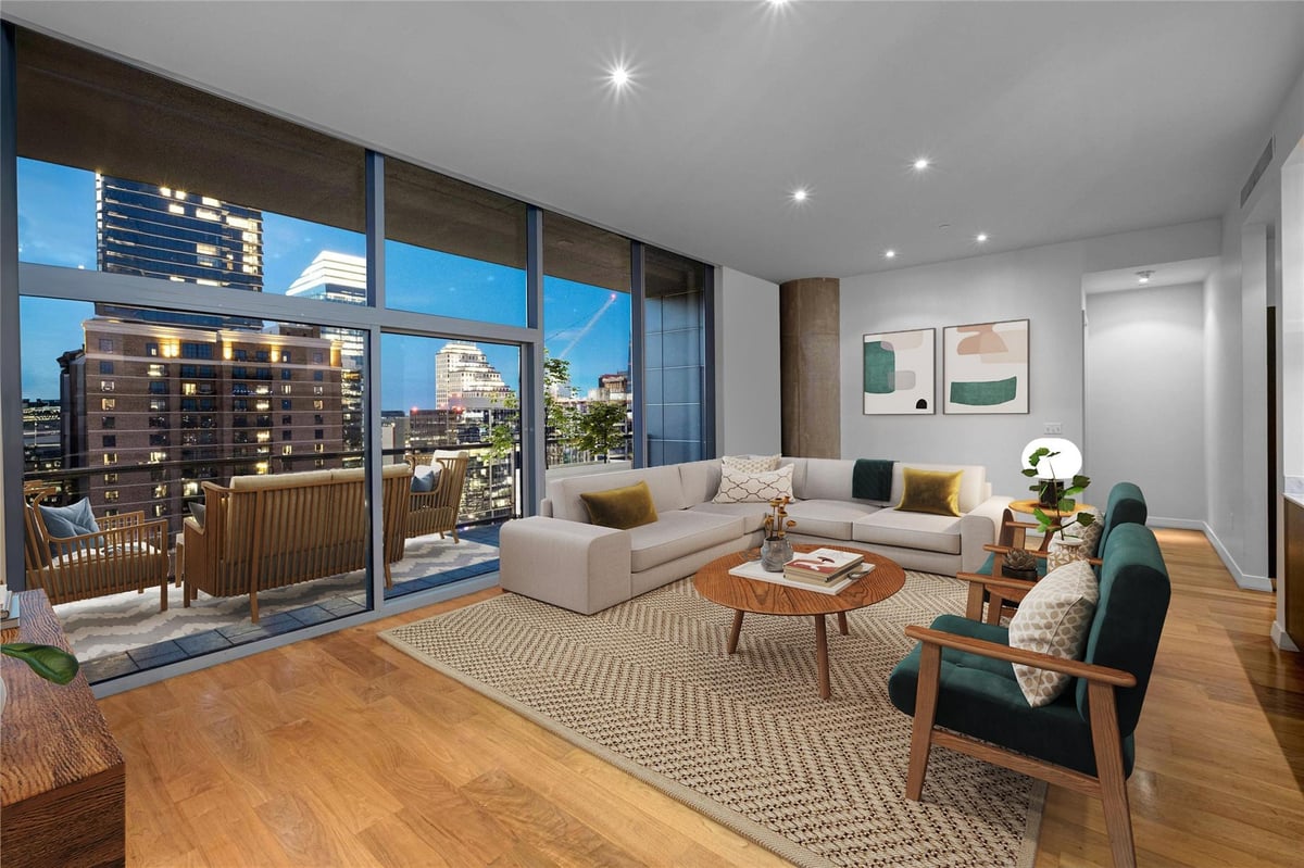 View 210 Lavaca St Unit #2105 in The Residences at W Austin 210 Lavaca St Unit #2105 - living area with downtown skyline night view - Luxury home in The Residences at W Austin, Austi...