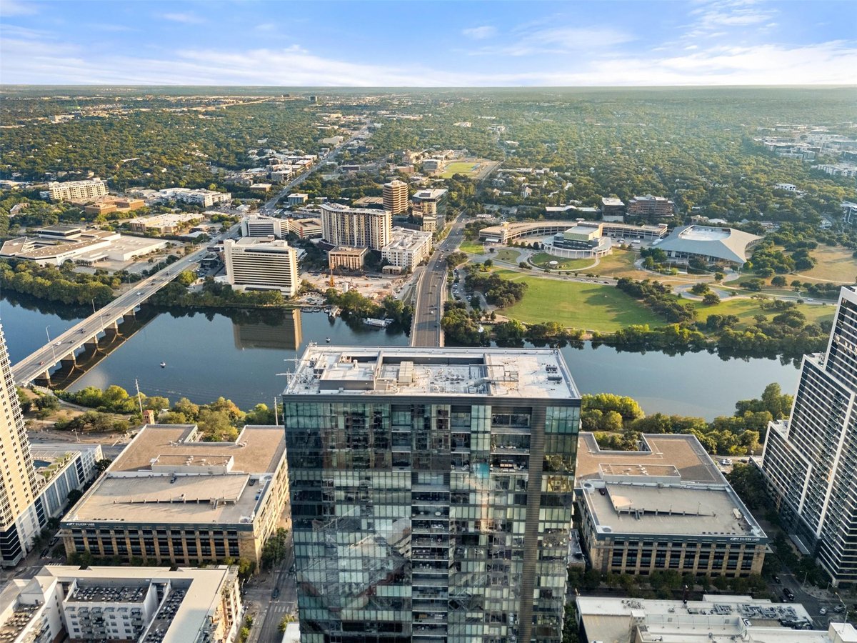 View 210 Lavaca St Unit #2505 in The W Austin Residences 210 Lavaca St Unit #2505 - aerial view with downtown Austin high-rise - Luxury home in The W Austin Residences, Austin, TX