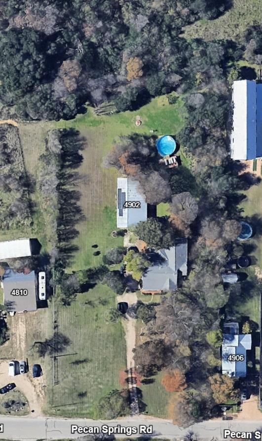 View 4902 Pecan Springs Rd in Poehlmann Acres 4902 Pecan Springs Rd - aerial view with overhead lot view - Luxury home in Poehlmann Acres, Austin, TX