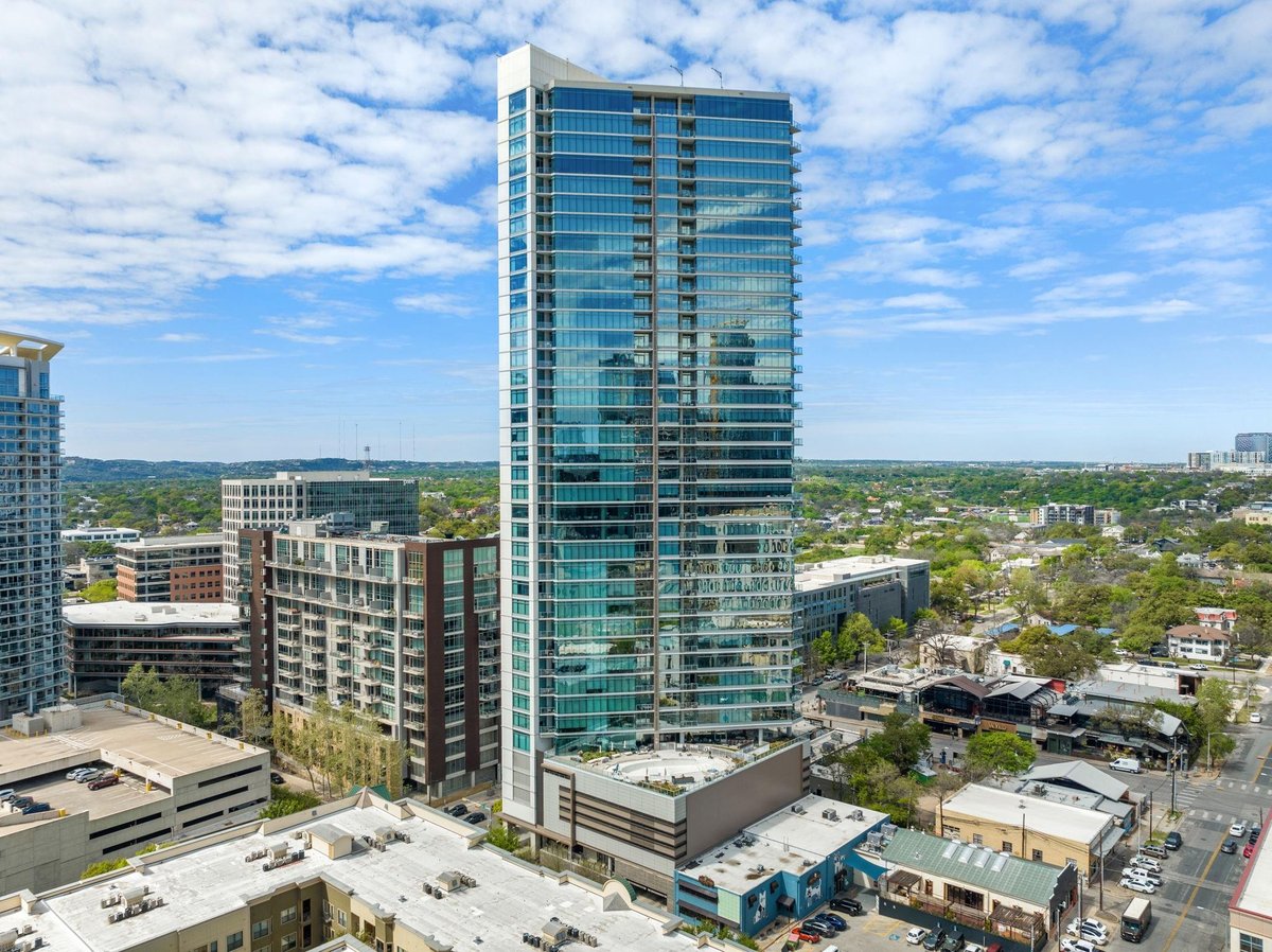 View 501 West Ave Unit #3403 in 5th and West Building 501 West Ave Unit #3403 - aerial view with downtown Austin condo tower - Luxury home in 5th and West Building, Austin, TX