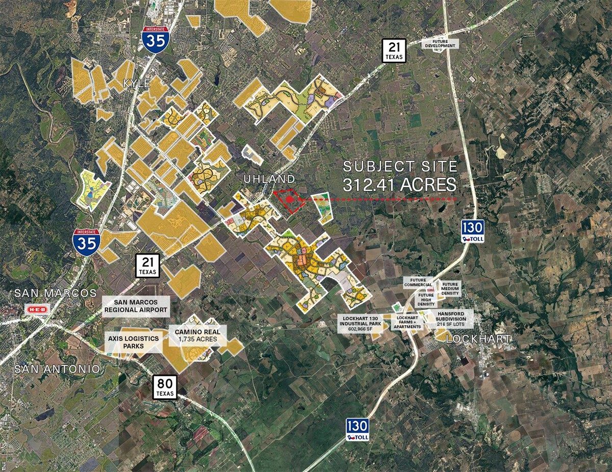 Aerial view with 312.41 acre subject site at 79 Old Spanish Trl - Uhland, Kyle, TX