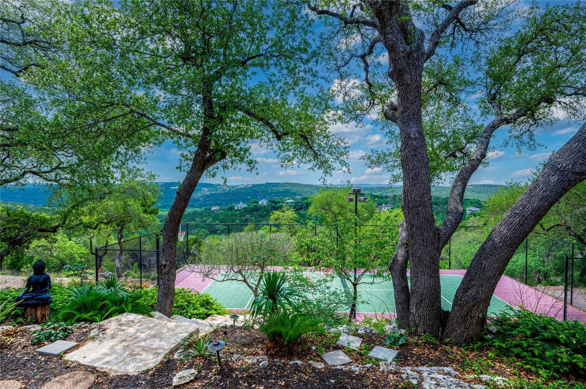 View 8817 Bell Mountain Dr in Long Canyon 02-A 8817 Bell Mountain Dr - view with Hill Country view and pool terrace below - Luxury home in Long Canyon 02-A, Austin, TX