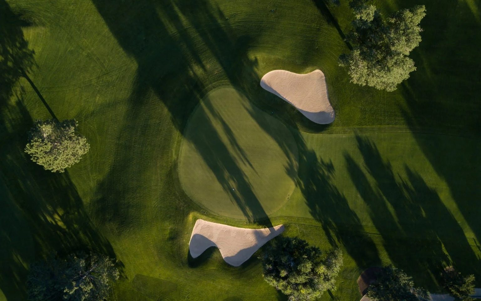 Aerial view of a golf green with sand bunkers and shade trees