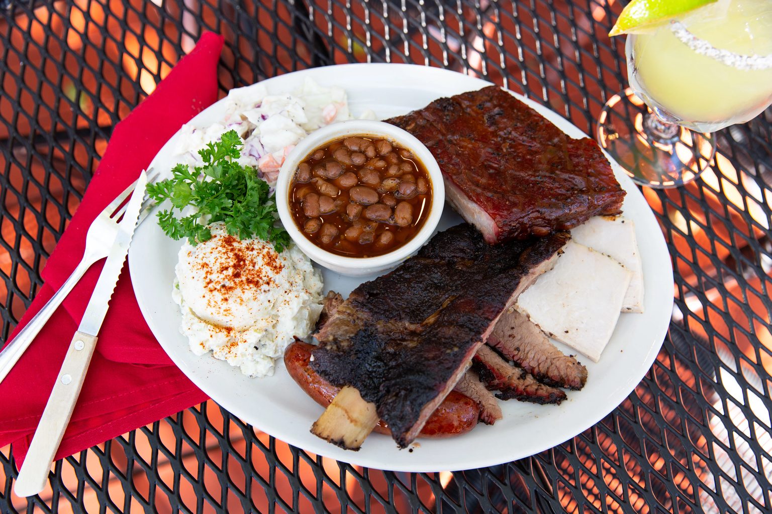Barbecue plate of ribs, brisket, beans and slaw at The County Line