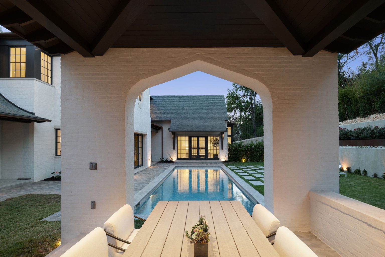 Covered patio to the pool at The Lantern, a 3802 Balcones Drive Austin luxury estate
