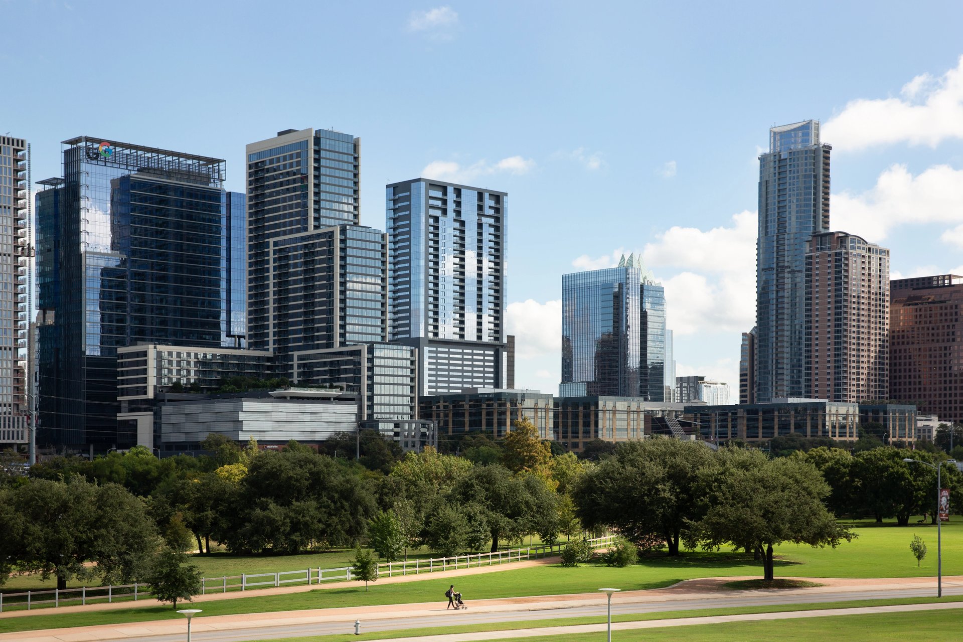 Downtown Austin skyline and Lady Bird Lake near Seaholm Residences