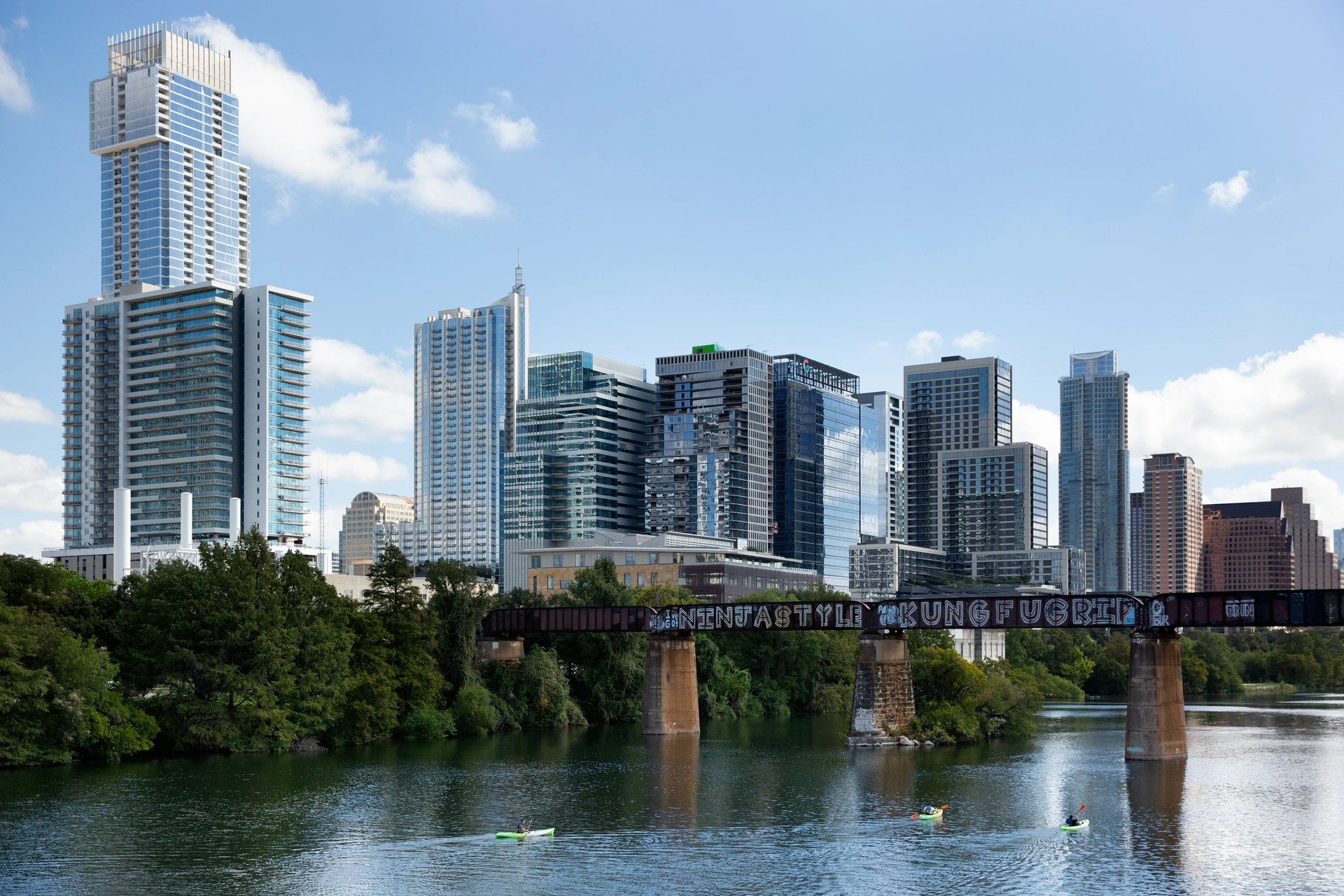 Austin downtown skyline and Lady Bird Lake luxury high-rise residences