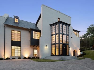 Front entry bay at twilight