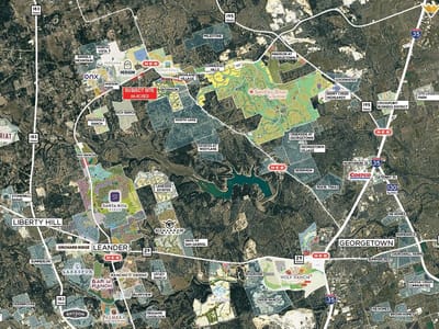Aerial view - 000 Ronald W Reagan Blvd Aerial view with aerial development overview map at 000 Ronald W Reagan Blvd - North West Georgetown, Georgetown, TX