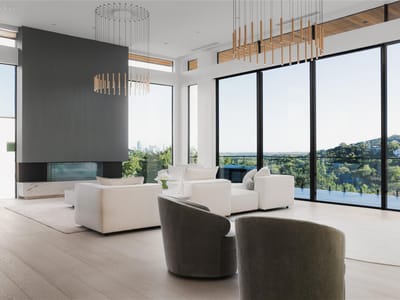 Living area with Floor-to-ceiling black-framed sliding gl at 1003 The High Rd - 7 bed 8 bath home