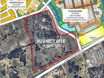 Aerial view with 44.85 acre development site at 1200 County Road 289 - Georgetown, TX