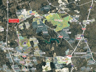Aerial view with 44.86 acre subject site at 1200 County Road 289 - Georgetown, TX