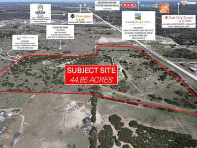 Aerial view with 44.85 acre subject property at 1200 County Road 289 - Georgetown, TX