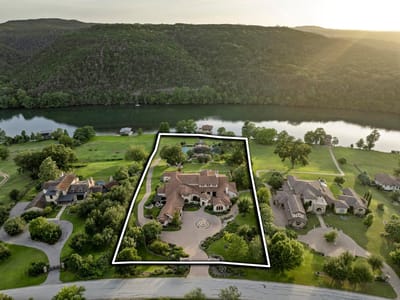 Aerial view - 13322 Shore Vista Dr Aerial view with outlined waterfront parcel at 13322 Shore Vista Dr - 5 bed 7 bath home