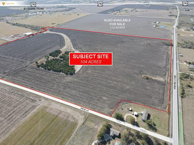 Aerial view with 104-acre land parcel at 14315 FM 1100 Rd - Manor, TX