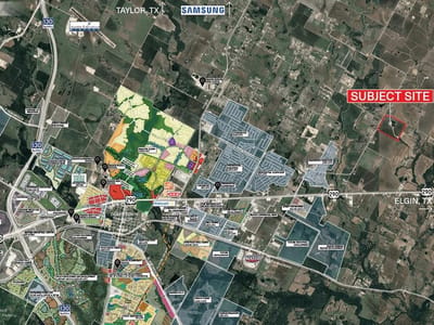 Aerial view with Aerial site plan view at 14315 FM 1100 Rd - Manor, TX