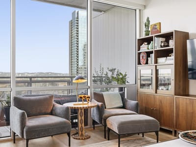 Primary bedroom at 222 West Ave Unit #1808 - 1 bed 1 bath home