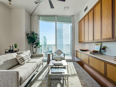 Primary bedroom at 360 Nueces St Unit #4211 - 1 bed 2 bath home