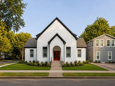 Front of the white former church with a red arched door and a brick walk, the gray fourplex beside it (digitally enhanced)