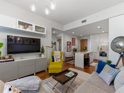 Primary bedroom at 44 East Ave Unit #1503 - 1 bed 1 bath home