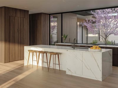 Gourmet kitchen with architectural rendering at 6507  Bridge Point Pkwy  #Lot 7 - 3 bed 3 bath home