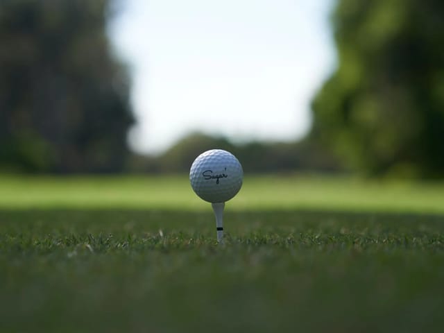 White golf ball on a tee over close-cut grass