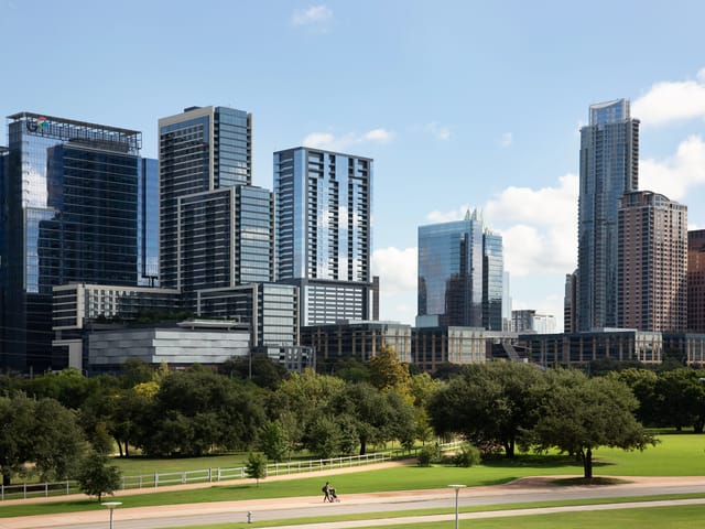 Downtown Austin skyline and Lady Bird Lake near Seaholm Residences