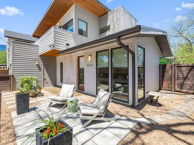Private patio with loungers at 1605 Willow Street, East Austin