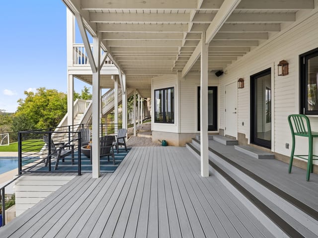 Covered deck overlooking the pool at 7218 Valburn Drive, Northwest Hills, Austin