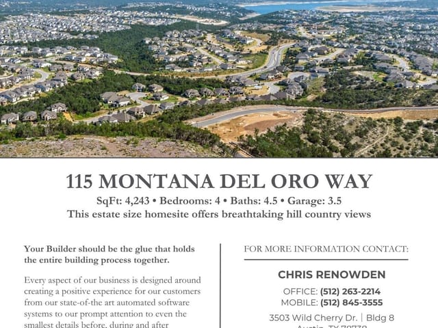 View 115 Montana Del Oro WAY in Rough Hollow - Hacienda Heights 115 Montana Del Oro WAY - front exterior - Luxury lot in Rough Hollow - Hacienda Heights, Lakeway, TX
