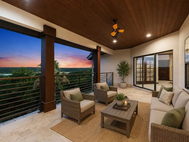 Upstairs veranda with wicker seating overlooking Lake Georgetown at sunset